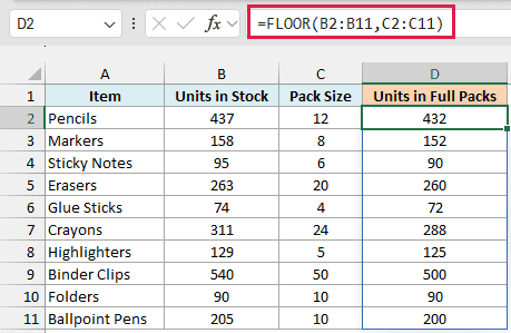 FLOOR formula in Excel using each row's pack size to round stock down to full packs