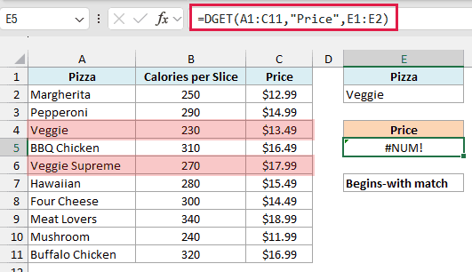 DGET formula returning #NUM! because Veggie also matches Veggie Supreme