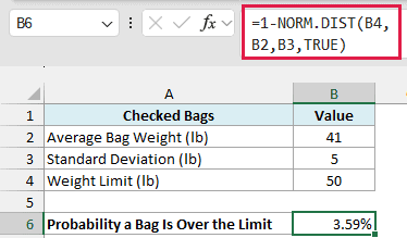 1 minus NORM.DIST returns 3.59% as the chance a bag is over the 50 lb limit