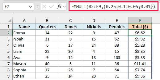 MMULT with an array constant of coin values returns the total dollar amount for each kid