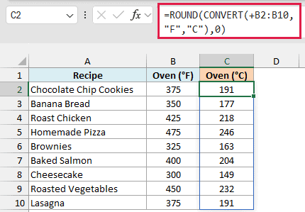 ROUND and CONVERT turn each oven temperature into whole degrees Celsius, so 375°F is 191°C