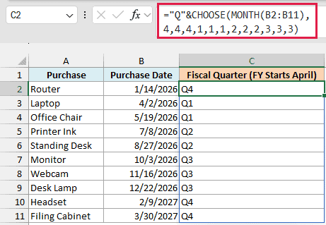 CHOOSE and MONTH assign Q1 to Q4 fiscal quarters for a year starting in April