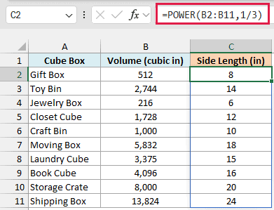 POWER with 1/3 returns the cube root of each volume, so the 512 cubic inch gift box has 8-inch sides