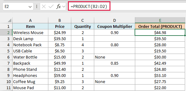 PRODUCT skips the blank and None coupon cells, so the desk lamp total is its $39.50 price