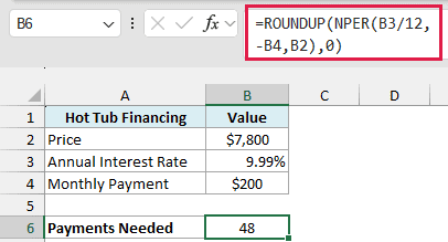 ROUNDUP with NPER returns 48 monthly payments for the hot tub