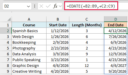 Course end dates calculated from individual lengths, with Spanish Basics ending on 4/12/2026