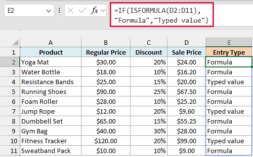 IF and ISFORMULA formula labeling each sale price as Formula or Typed value