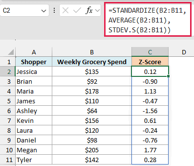 STANDARDIZE with AVERAGE and STDEV.S in one formula returns each shopper's z-score