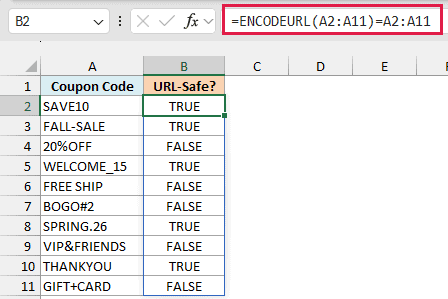 ENCODEURL comparison formula returns TRUE for coupon codes that stay the same in a URL