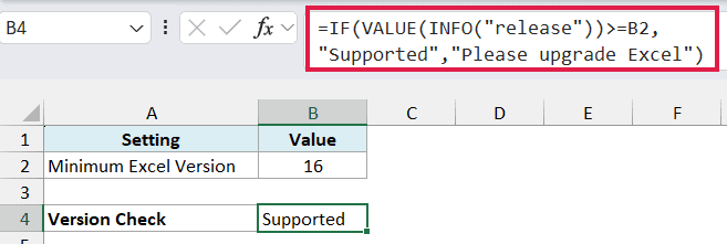 IF and VALUE with INFO release comparing the Excel version to 16 and showing Supported