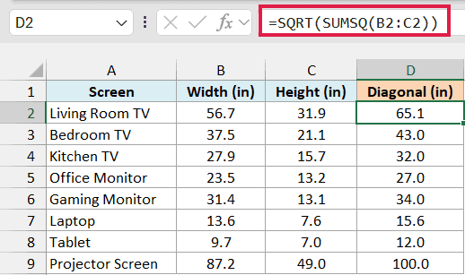 SQRT of SUMSQ of width and height gives each screen's diagonal, 65.1 inches for the living room TV