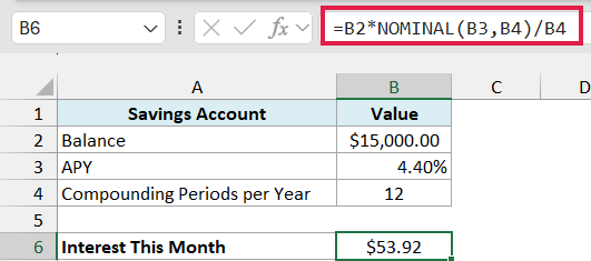 Balance times NOMINAL divided by 12 returns $53.92 of interest for the month