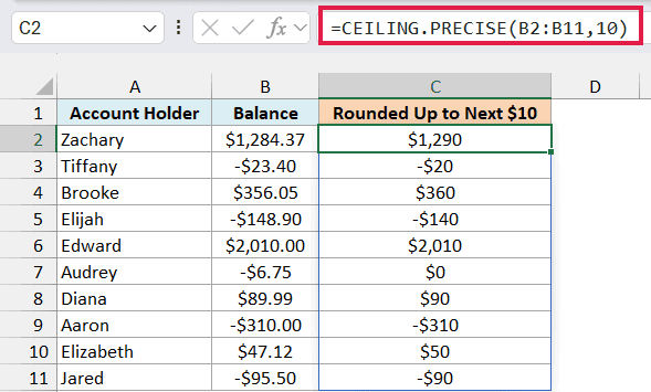 Excel formula bar showing CEILING.PRECISE(B2:B11,10) applied to a table rounding account balances up to the next $10