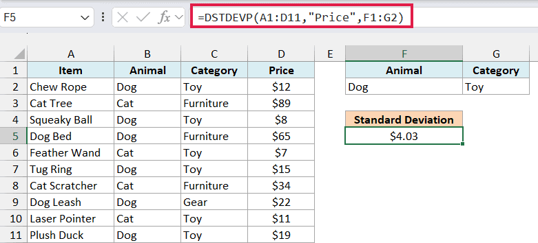 DSTDEVP formula in F5 returning $4.03, the standard deviation of dog toy prices