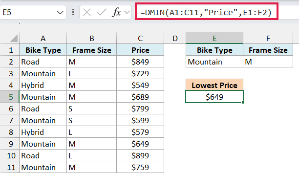 DMIN formula with two AND conditions returning $649, the cheapest size M Mountain bike