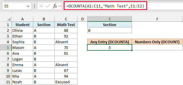 DCOUNTA returns 5, every Section B entry including Absent and Excused