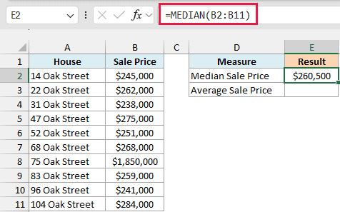 MEDIAN returns a typical sale price of $260,500