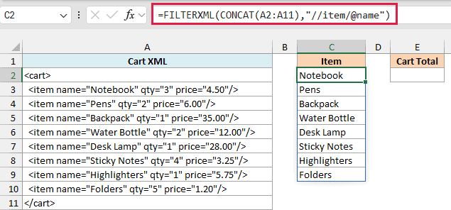 FILTERXML with //item/@name returns the name attribute of every item in the cart