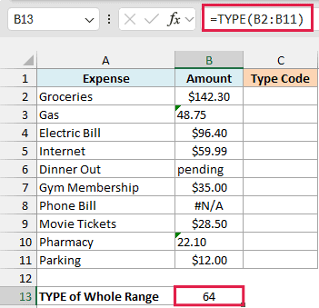 TYPE on the whole range B2:B11 returns a single 64 instead of a code for each cell