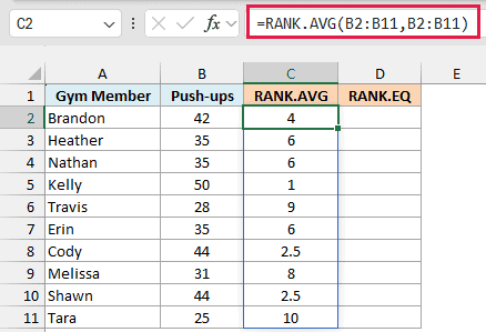 RANK.AVG gives the two 44s rank 2.5 and the three 35s rank 6