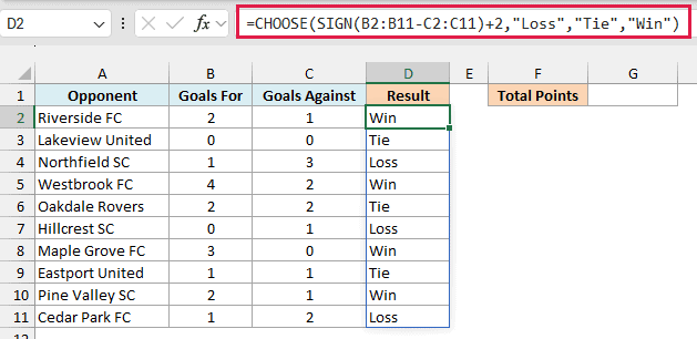 CHOOSE with SIGN turns each goal difference into Win, Tie, or Loss