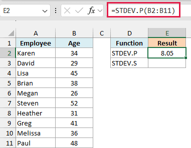 STDEV.P formula in E2 returns 8.05 for the team ages