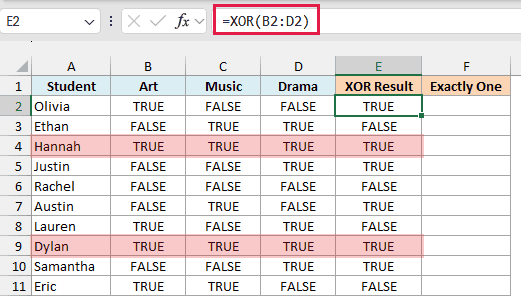 XOR over three electives returns TRUE for Hannah and Dylan, who picked all three