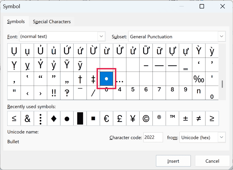 Bullet symbol selected in the Symbol dialog box