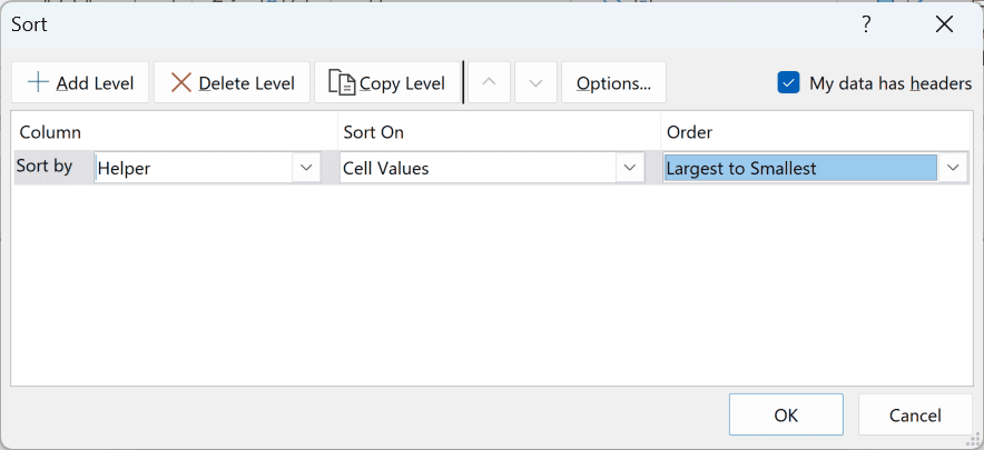 Sort dialog box with the order set to Largest to Smallest