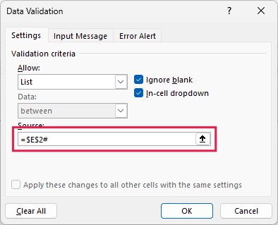Data Validation dialog box with the spill reference =$E$2# as the list source