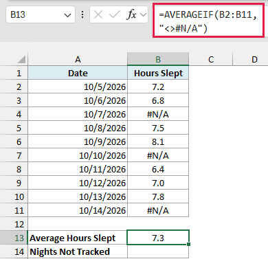 AVERAGEIF formula skipping the #N/A nights and returning 7.3 hours