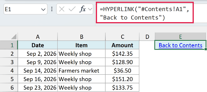 Back to Contents link in cell E1 of the Groceries expense sheet