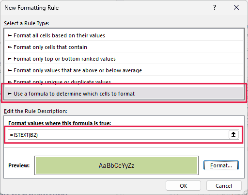 New Formatting Rule dialog box with the ISTEXT formula and a light green fill in the preview