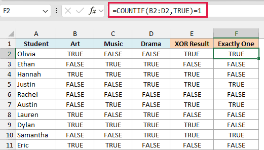 COUNTIF formula returns TRUE only for students who picked exactly one elective