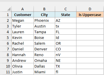 A customer list with some state codes typed in lowercase or mixed case, beside an empty Is Uppercase column