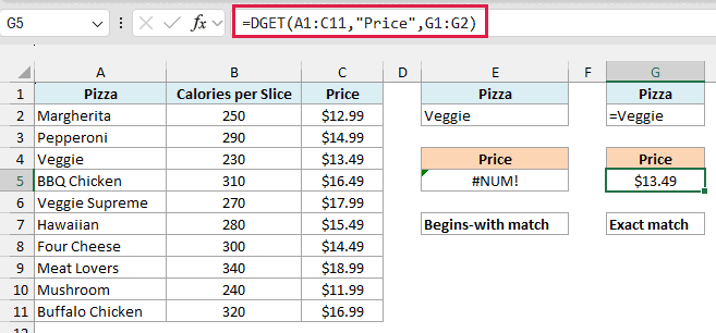 DGET formula using the =Veggie exact-match criteria in G2 returning $13.49