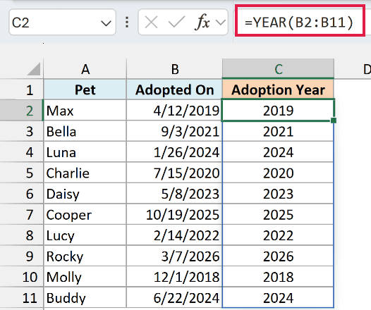 After changing column C to the General format, the same YEAR formula shows the adoption years
