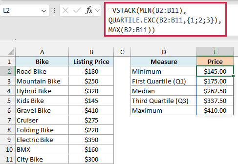 VSTACK formula combines MIN, QUARTILE.EXC, and MAX to return the five-number summary of the bike prices
