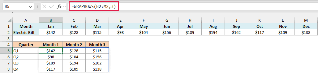 WRAPROWS wraps the 12 monthly bills into four quarters of three months