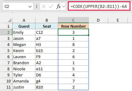 CODE with UPPER minus 64 turns each seat's row letter into a row number, C12 into 3