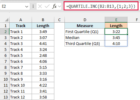 QUARTILE.INC with {1;2;3} returns 3:22, 3:45, and 4:10 as the quartiles of the song lengths