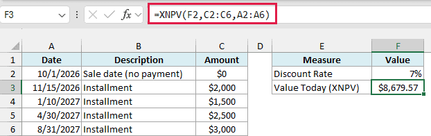 XNPV values the four installments at $8,679.57 on the sale date