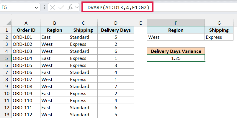DVARP formula using 4 as the field returning 1.25 for West Express orders