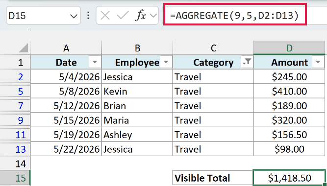 AGGREGATE formula with 9 and 5 adding only the visible Travel amounts in the filtered list