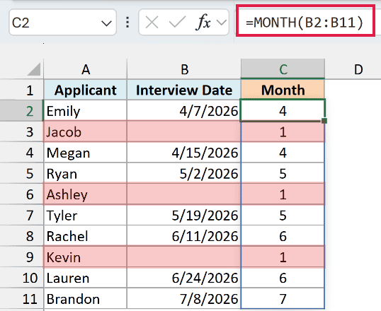 MONTH returns 1 for the three applicants whose interview dates are blank