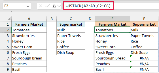 HSTACK fills the three missing supermarket rows with #N/A