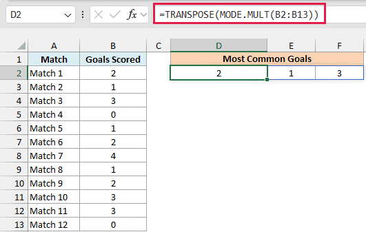 TRANSPOSE with MODE.MULT spills the most common goal counts, 2, 1, and 3, across a row