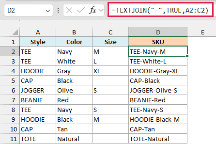 Product SKUs joined with hyphens