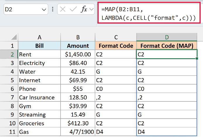 MAP with CELL returns the format code for every amount in one spilling formula