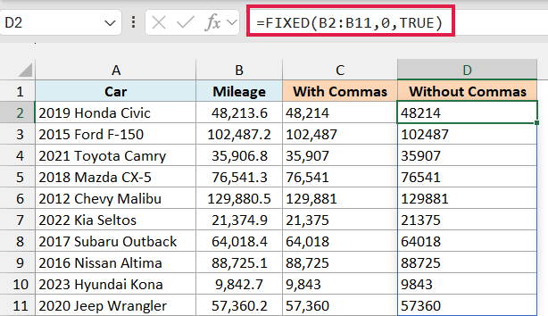 FIXED with no_commas set to TRUE in D2 shows each mileage without commas